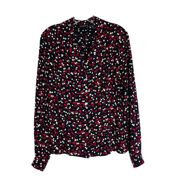 Liz Claiborne black red white floral button front office preppy top 8 - Picture 1 of 6